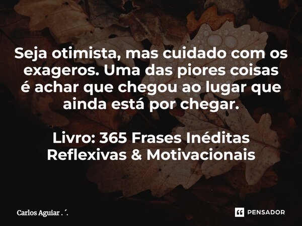 ⁠Seja otimista, mas cuidado com os exageros. Uma das piores coisas é achar que chegou ao lugar que ainda está por chegar. Livro: 365 Frases Inéditas Reflexivas ... Frase de Carlos Aguiar . ..