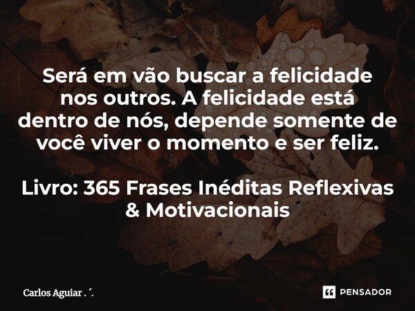 ⁠Será em vão buscar a felicidade nos outros. A felicidade está dentro de nós, depende somente de você viver o momento e ser feliz. Livro: 365 Frases Inéditas Re... Frase de Carlos Aguiar . ..