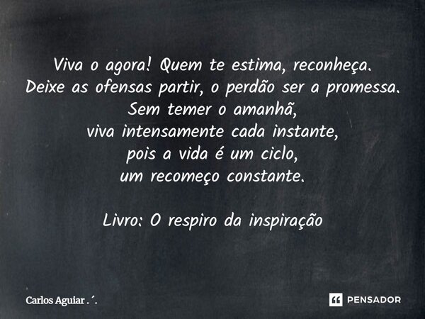 Viva o agora! Quem te estima, reconheça. Deixe as ofensas partir, o perdão ser a promessa. Sem temer o amanhã, viva intensamente cada instante, pois a vida é u... Frase de Carlos Aguiar . ..