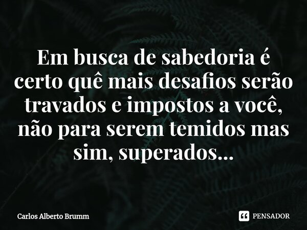 ⁠Em busca de sabedoria é certo quê mais desafios serão travados e impostos a você, não para serem temidos mas sim, superados...... Frase de Carlos Alberto Brumm.