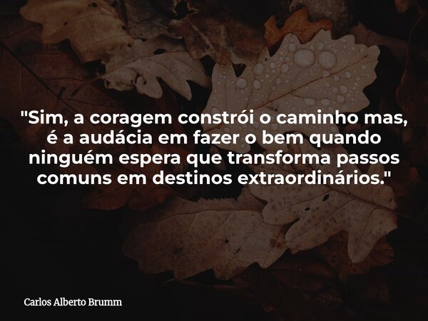 "Sim, a coragem constrói o caminho mas, é a audácia em fazer o bem quando ninguém espera que transforma passos comuns em destinos extraordinários."... Frase de Carlos Alberto Brumm.