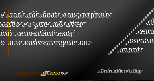 A cada dia basta seus próprios desafios e o que não tiver remédio, remediado está, portanto, não sobrecarregue sua mente.... Frase de Carlos Alberto Hang.