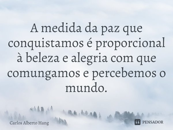 ⁠A medida da paz que conquistamos é proporcional à beleza e alegria com que comungamos e percebemos o mundo.... Frase de Carlos Alberto Hang.