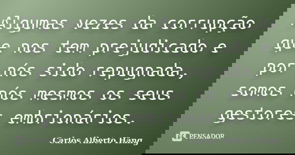 Algumas vezes da corrupção que nos tem prejudicado e por nós sido repugnada, somos nós mesmos os seus gestores embrionários.... Frase de Carlos Alberto Hang.