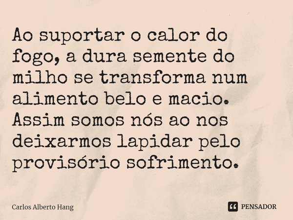 ⁠Ao suportar o calor do fogo, a dura semente do milho se transforma num alimento belo e macio. Assim somos nós ao nos deixarmos lapidar pelo provisório sofrimen... Frase de Carlos Alberto Hang.