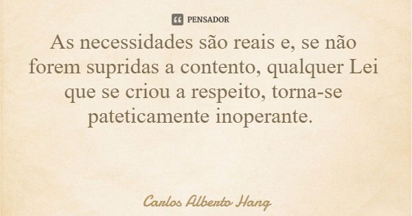 As necessidades são reais e, se não forem supridas a contento, qualquer Lei que se criou a respeito, torna-se pateticamente inoperante.... Frase de Carlos Alberto Hang.
