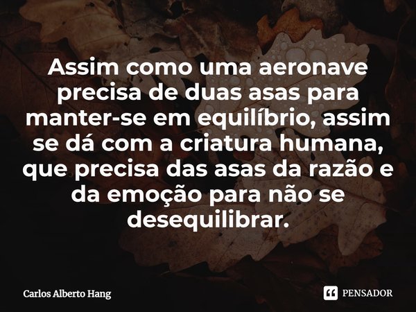 ⁠Assim como uma aeronave precisa de duas asas para manter-se em equilíbrio, assim se dá com a criatura humana, que precisa das asas da razão e da emoção para nã... Frase de Carlos Alberto Hang.