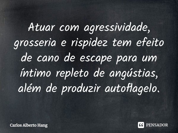 ⁠Atuar com agressividade, grosseria e rispidez tem efeito de cano de escape para um íntimo repleto de angústias, além de produzir autoflagelo.... Frase de Carlos Alberto Hang.