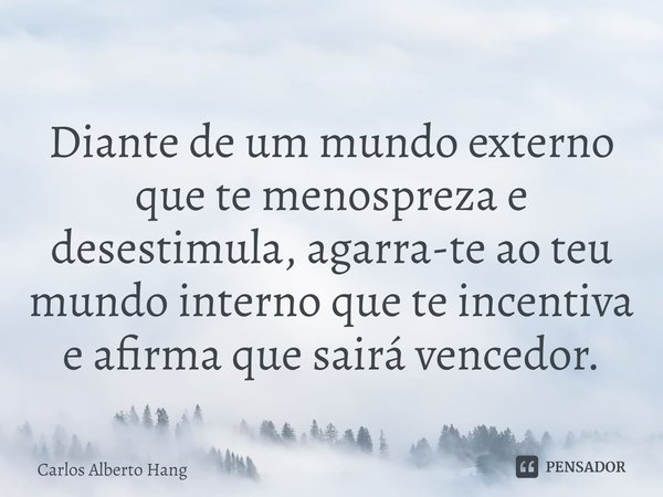 Diante de um mundo externo que te menospreza e desestimula, agarra-te ao teu mundo interno que te incentiva e afirma que sairá vencedor.... Frase de Carlos Alberto Hang.