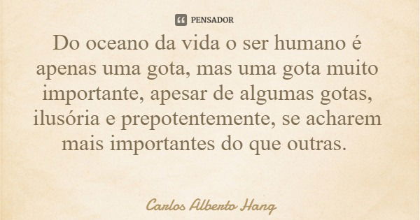 Do oceano da vida o ser humano é apenas uma gota, mas uma gota muito importante, apesar de algumas gotas, ilusória e prepotentemente, se acharem mais importante... Frase de Carlos Alberto Hang.