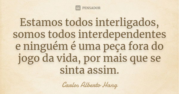 Estamos todos interligados, somos todos interdependentes e ninguém é uma peça fora do jogo da vida, por mais que se sinta assim.... Frase de Carlos Alberto Hang.