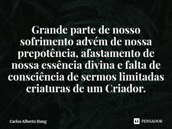 ⁠Grande parte de nosso sofrimento advém de nossa prepotência, afastamento de nossa essência divina e falta de consciência de sermos limitadas criaturas de um Cr... Frase de Carlos Alberto Hang.