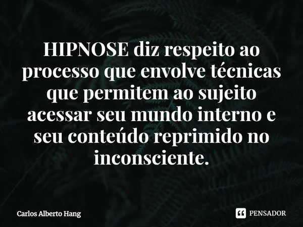 ⁠HIPNOSE diz respeito ao processo que envolve técnicas que permitem ao sujeito acessar seu mundo interno e seu conteúdo reprimido no inconsciente.... Frase de Carlos Alberto Hang.