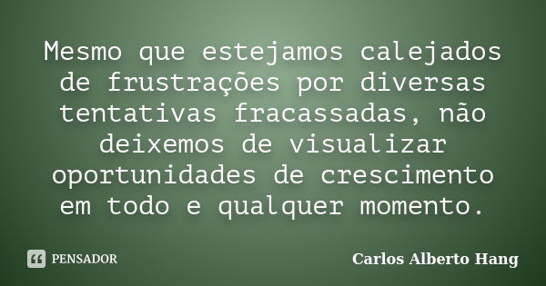 Mesmo que estejamos calejados de frustrações por diversas tentativas fracassadas, não deixemos de visualizar oportunidades de crescimento em todo e qualquer mom... Frase de Carlos Alberto Hang.