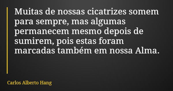Muitas de nossas cicatrizes somem para sempre, mas algumas permanecem mesmo depois de sumirem, pois estas foram marcadas também em nossa Alma.... Frase de Carlos Alberto Hang.