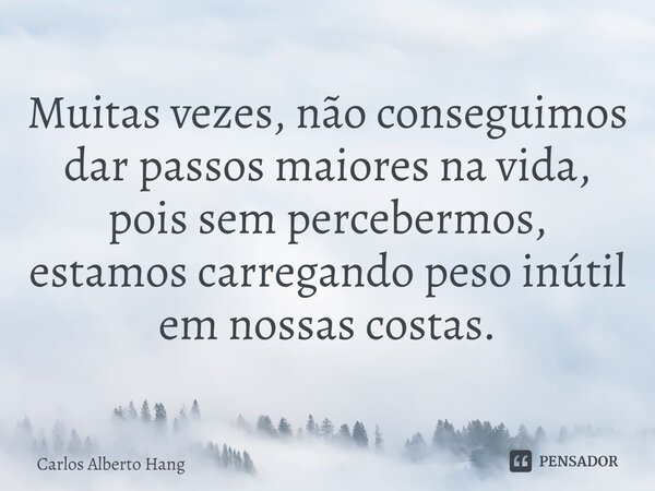 ⁠Muitas vezes, não conseguimos dar passos maiores na vida, pois sem percebermos, estamos carregando peso inútil em nossas costas.... Frase de Carlos Alberto Hang.