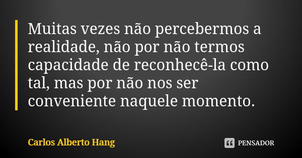 Muitas vezes não percebermos a realidade, não por não termos capacidade de reconhecê-la como tal, mas por não nos ser conveniente naquele momento.... Frase de Carlos Alberto Hang.