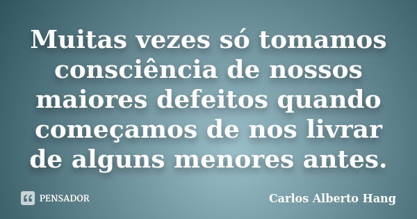 Muitas vezes só tomamos consciência de nossos maiores defeitos quando começamos de nos livrar de alguns menores antes.... Frase de Carlos Alberto Hang.