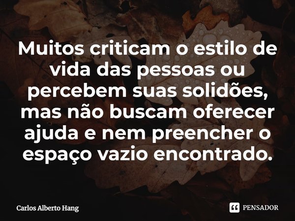 ⁠Muitos criticam o estilo de vida das pessoas ou percebem suas solidões, mas não buscam oferecer ajuda e nem preencher o espaço vazio encontrado.... Frase de Carlos Alberto Hang.