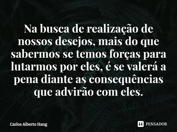⁠Na busca de realização de nossos desejos, mais do que sabermos se temos forças para lutarmos por eles, é se valerá a pena diante as consequências que advirão c... Frase de Carlos Alberto Hang.