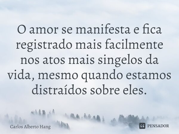 ⁠O amor se manifesta e fica registrado mais facilmente nos atos mais singelos da vida, mesmo quando estamos distraídos sobre eles.... Frase de Carlos Alberto Hang.