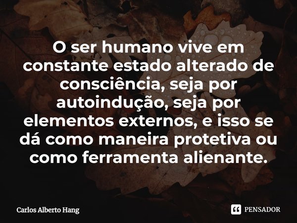 ⁠O ser humano vive em constante estado alterado de consciência, seja por autoindução, seja por elementos externos, e isso se dá como maneira protetiva ou como f... Frase de Carlos Alberto Hang.