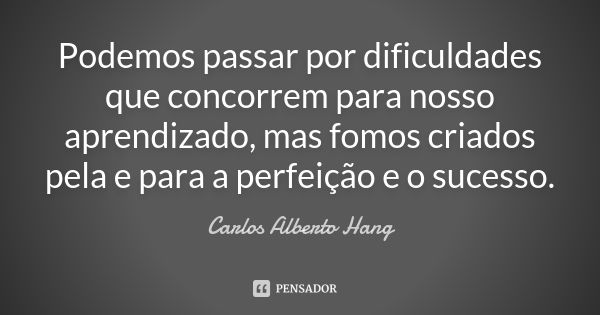 Podemos passar por dificuldades que concorrem para nosso aprendizado, mas fomos criados pela e para a perfeição e o sucesso.... Frase de Carlos Alberto Hang.