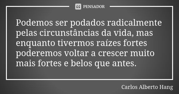 Podemos ser podados radicalmente pelas circunstâncias da vida, mas enquanto tivermos raízes fortes poderemos voltar a crescer muito mais fortes e belos que ante... Frase de Carlos Alberto Hang.