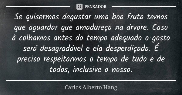 Se quisermos degustar uma boa fruta temos que aguardar que amadureça na árvore. Caso à colhamos antes do tempo adequado o gosto será desagradável e ela desperdi... Frase de Carlos Alberto Hang.