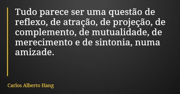 Tudo parece ser uma questão de reflexo, de atração, de projeção, de complemento, de mutualidade, de merecimento e de sintonia, numa amizade.... Frase de Carlos Alberto Hang.