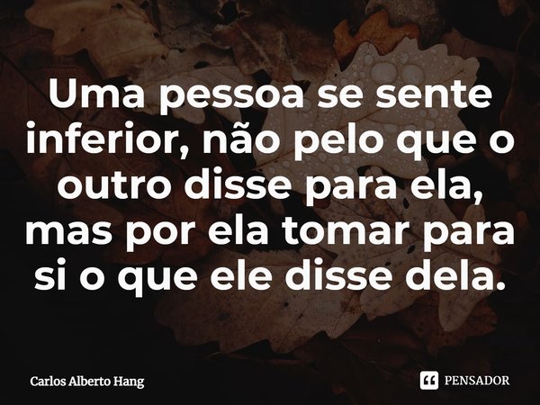 ⁠Uma pessoa se sente inferior, não pelo que o outro disse para ela, mas por ela tomar para si o que ele disse dela.... Frase de Carlos Alberto Hang.