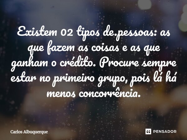 Existem 02 tipos de.pessoas: as que fazem as coisas e as que ganham o crédito. Procure sempre estar no primeiro grupo, pois lá há menos concorrência.... Frase de Carlos Albuquerque.