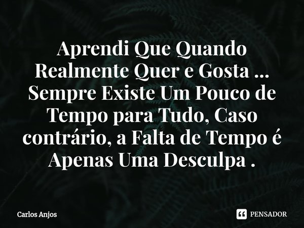 ⁠⁠⁠Aprendi Que Quando Realmente Quer e Gosta ... Sempre Existe Um Pouco de Tempo para Tudo, Caso contrário, a Falta de Tempo é Apenas Uma Desculpa .... Frase de Carlos Anjos.