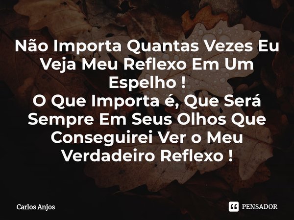 Não Importa Quantas Vezes Eu Veja Meu Reflexo Em Um Espelho !
O Que Importa é, Que Será Sempre Em Seus Olhos Que Conseguirei Ver o Meu Verdadeiro Reflexo !... Frase de Carlos Anjos.