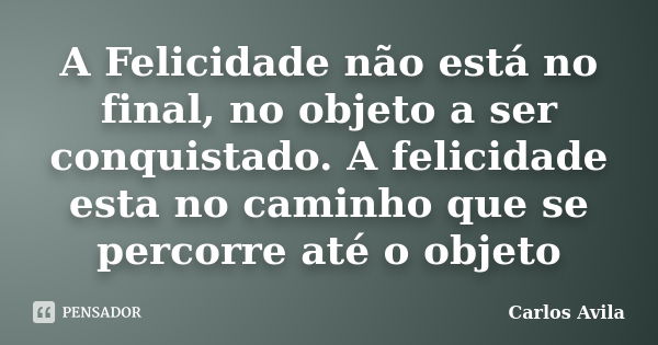 A Felicidade não está no final, no objeto a ser conquistado. A felicidade esta no caminho que se percorre até o objeto... Frase de Carlos Avila.