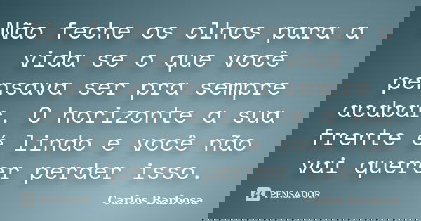 Não feche os olhos para a vida se o que você pensava ser pra sempre acabar. O horizonte a sua frente é lindo e você não vai querer perder isso.... Frase de Carlos Barbosa.