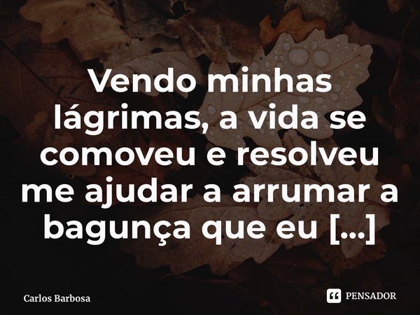 ⁠Vendo minhas lágrimas, a vida se comoveu e resolveu me ajudar a arrumar a bagunça que eu fiz.... Frase de Carlos Barbosa.