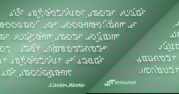 Os objetivos para vida pessoal se assemelham a uma viajem para algum lugar, tão importante quanto o objetivo é cada minuto da paisagem.... Frase de Carlos Borba.