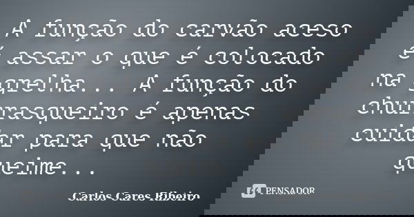 A função do carvão aceso é assar o que é colocado na grelha... A função do churrasqueiro é apenas cuidar para que não queime...... Frase de Carlos Cares Ribeiro.