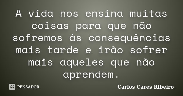 A vida nos ensina muitas coisas para que não sofremos ás consequências mais tarde e irão sofrer mais aqueles que não aprendem.... Frase de Carlos Cares Ribeiro.