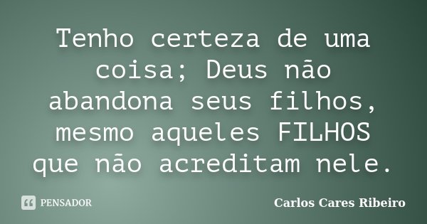 Tenho certeza de uma coisa; Deus não abandona seus filhos, mesmo aqueles FILHOS que não acreditam nele.... Frase de Carlos Cares Ribeiro.
