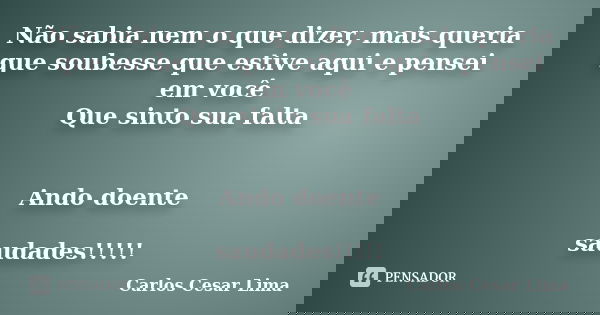 Não sabia nem o que dizer, mais queria que soubesse que estive aqui e pensei em você Que sinto sua falta Ando doente saudades!!!!!... Frase de carlos cesar lima.