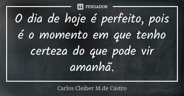 O dia de hoje é perfeito, pois é o momento em que tenho certeza do que pode vir amanhã.... Frase de Carlos Cleiber M.de Castro.