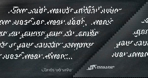 Tem sido muito difícil viver sem você ao meu lado , mais agora eu quero que tu saiba que custe o que custar sempre vou amar você meu Amor....... Frase de Carlos da silva.