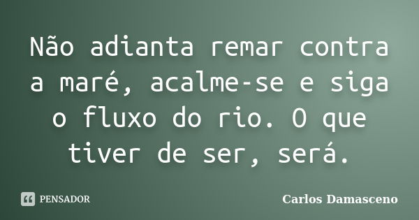 Não adianta remar contra a maré, acalme-se e siga o fluxo do rio. O que tiver de ser, será.... Frase de Carlos Damasceno.