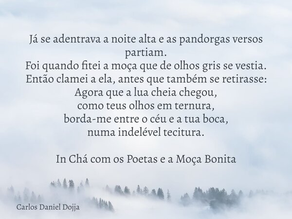 Já se adentrava a noite alta e as pandorgas versos partiam. Foi quando fitei a moça que de olhos gris se vestia. Então clamei a ela, antes que também se retiras... Frase de Carlos Daniel Dojja.