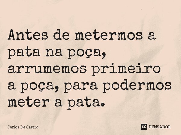 ⁠Antes de metermos a pata na poça, arrumemos primeiro a poça, para podermos meter a pata.... Frase de Carlos de Castro.