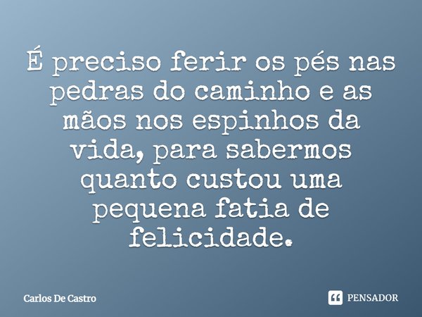 ⁠É preciso ferir os pés nas pedras do caminho e as mãos nos espinhos da vida, para sabermos quanto custou uma pequena fatia de felicidade.... Frase de Carlos de Castro.