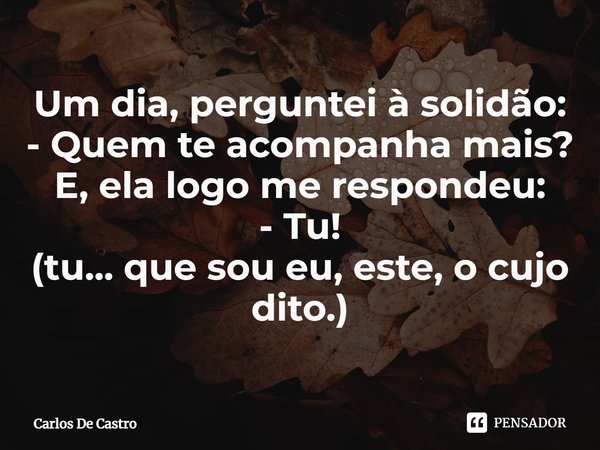 ⁠Um dia, perguntei à solidão: - Quem te acompanha mais? E, ela logo me respondeu: - Tu! (tu... que sou eu, este, o cujo dito.)... Frase de Carlos de Castro.