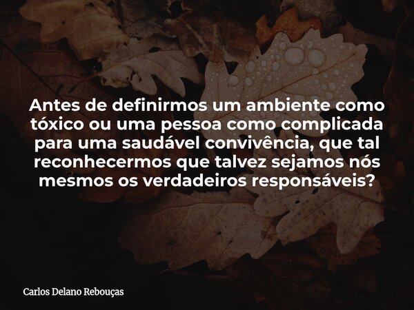 Antes de definirmos um ambiente como tóxico ou uma pessoa como complicada para uma saudável convivência, que tal reconhecermos que talvez sejamos nós mesmos os ... Frase de Carlos Delano Rebouças.